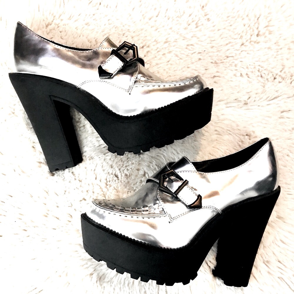 Silver platform bootie heels
